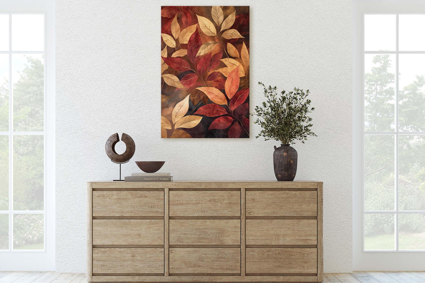 Fall Leaves Painting, Red Orange Leaves, Autumn Decor