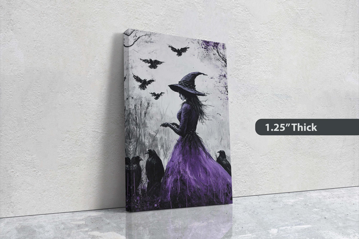 Purple Witch, Raven Art, Canvas Print, Gothic Halloween, Whimsical Decor, Halloween Art,