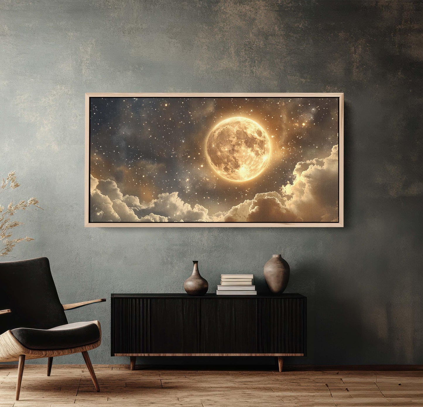 Full Moon Vintage ,Cloudy Moon Sky, Moon Painting, Moon and Stars