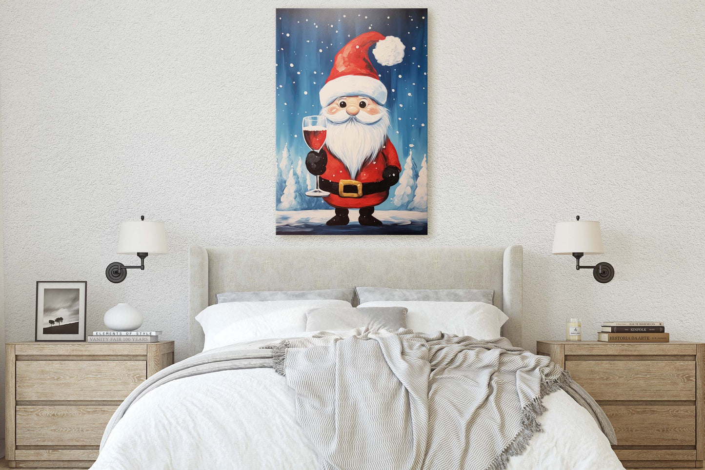 Cute Santa Wine, Santa Clause, Christmas Decor, Santa Painting, Saint Nick, Christmas Gift, Framed Canvas, Father Christmas, Holiday Artwork