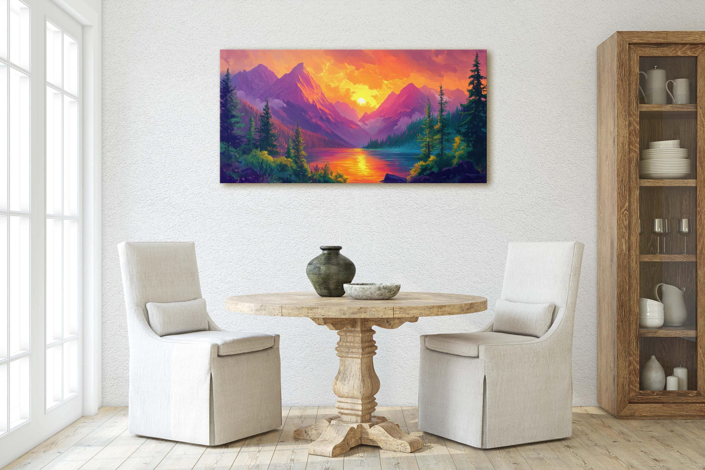 Colorful Mountain Sunrise On Canvas, Smoky Forest, Foggy Mountains, Vibrant Color, Abstract Art