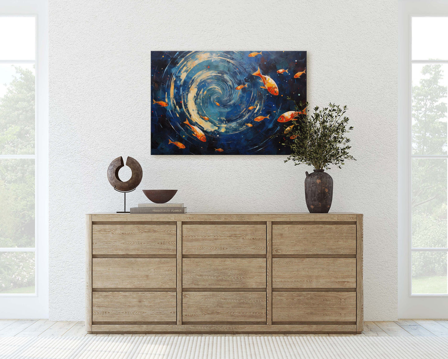 Fish School Painting, Canvas Wall Art, Abstract Blue Sea Painting, Boho Wall Décor, Custom Painting, Home Decor,Large Original,Framed Canvas
