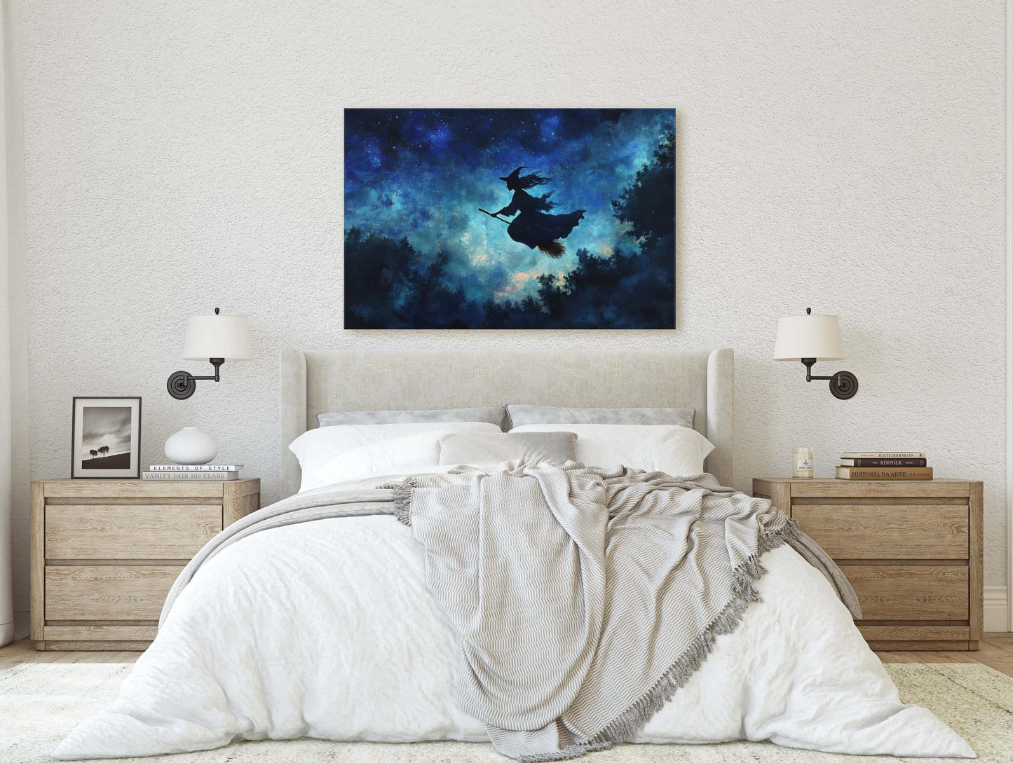 Flying Witch, Witch on Broomstick, Whimsical Decor, Halloween Art, Star Sky, Forest Night