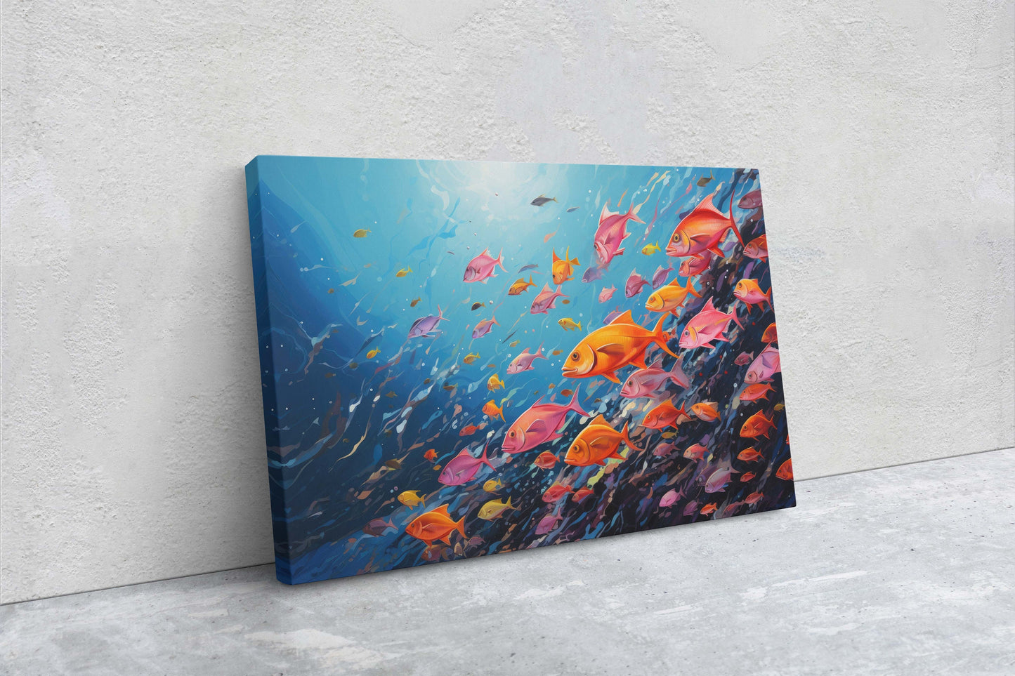 Fish School Painting, Canvas Wall Art, Abstract Blue Sea Painting, Boho Wall Décor, Custom Painting, Home Decor,Large Original,Framed Canvas