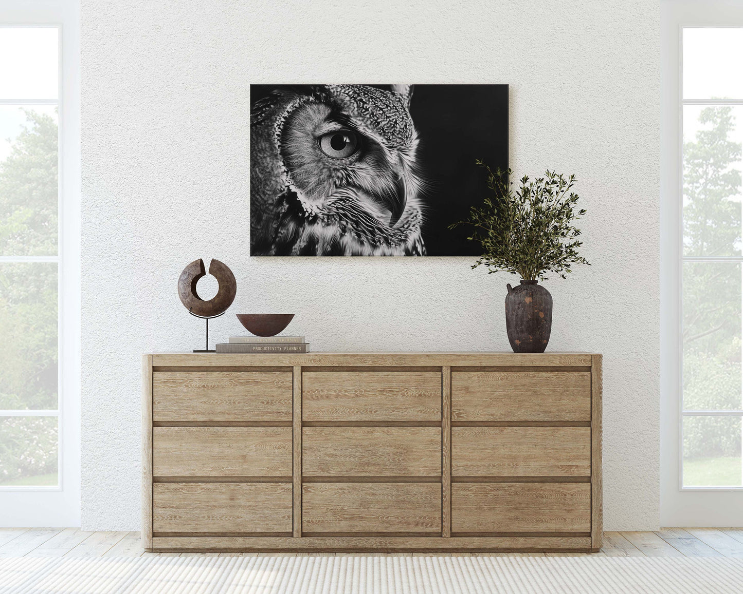 Black and White Owl, Owl Picture, Cabin Decor, Mountain Home Art, Framed Canvas, Owl Painting, Neutral Color, Bird Photo, Owl Photography