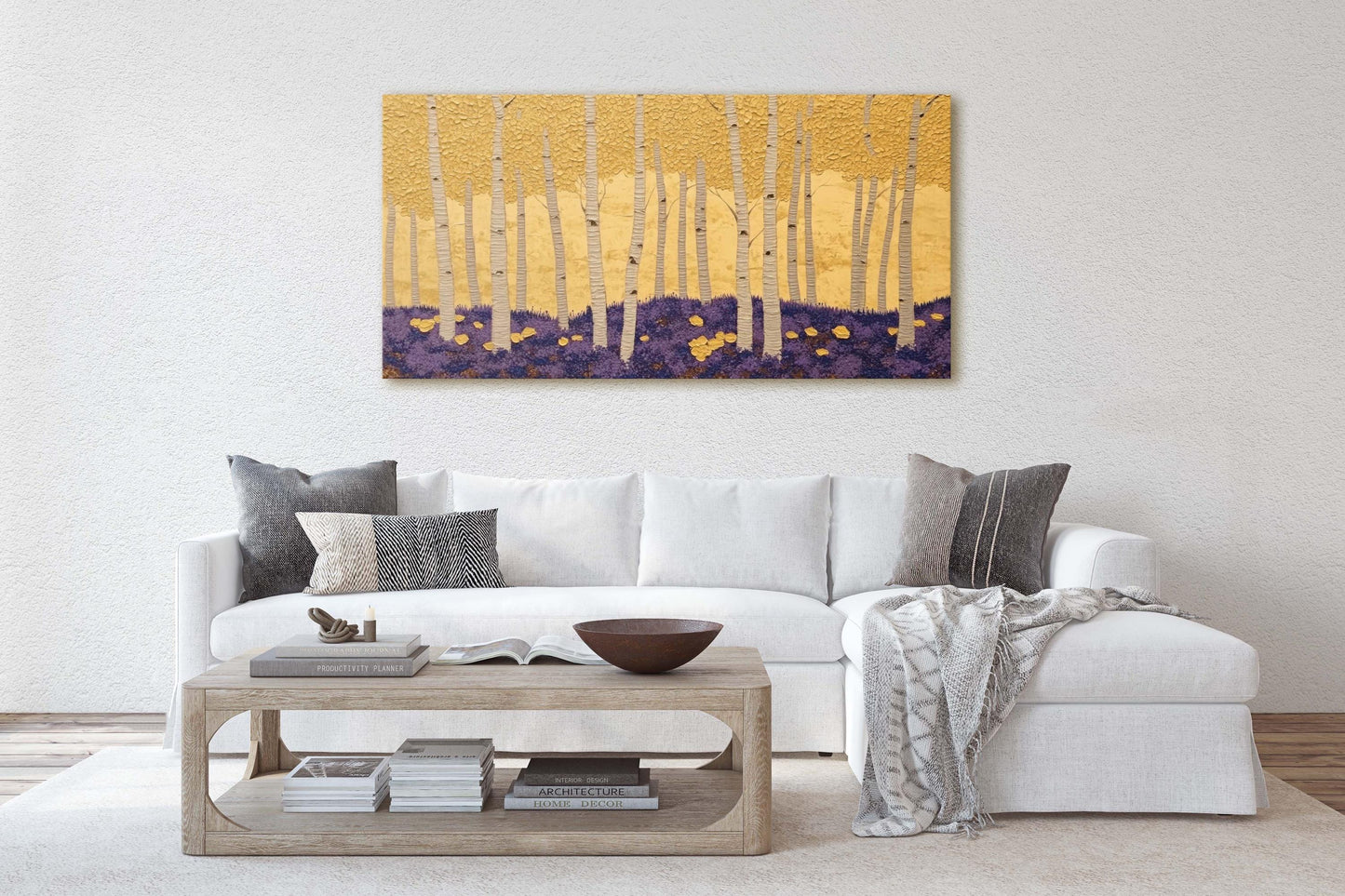Abstract Aspen Trees, Trees on Canvas, Autumn Forest, Yellow Gold, Framed Canvas