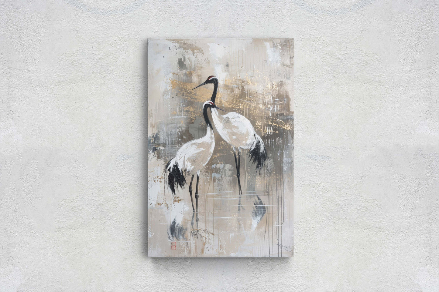 Japanese Gold Cranes, Gold and Beige, Minimalist Art, Heron Decor, Framed Canvas, Japandi Print, Extra Large, Neutral Tones