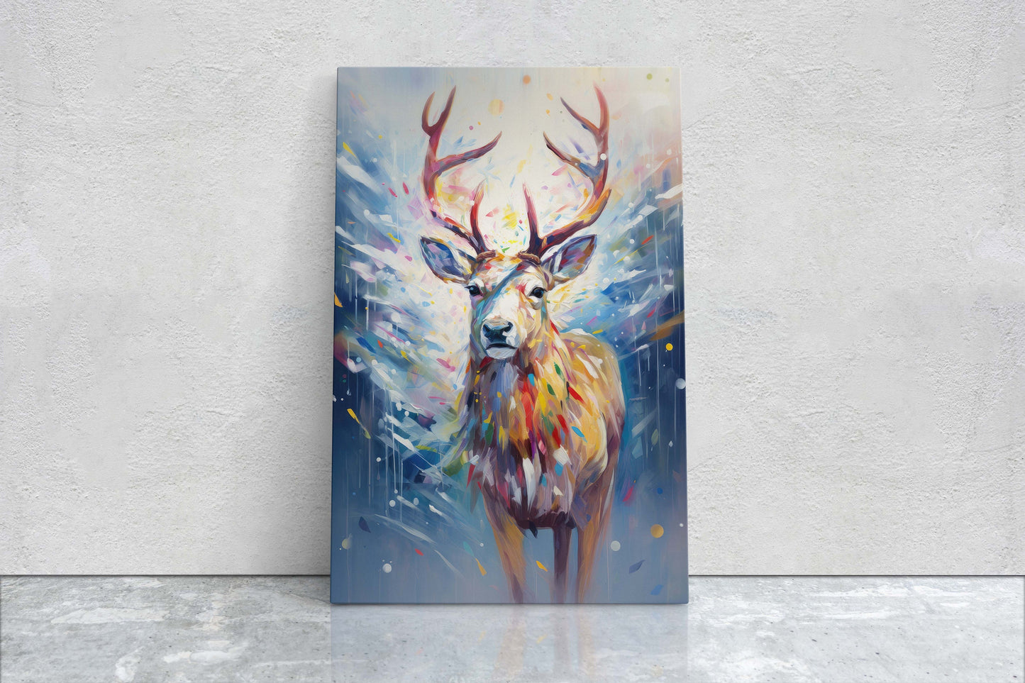 Reindeer Painting, Colorful Reindeer, Winter Art, Festive Decor, Xmas Print, Framed Canvas, Reindeer Print, Christmas Print