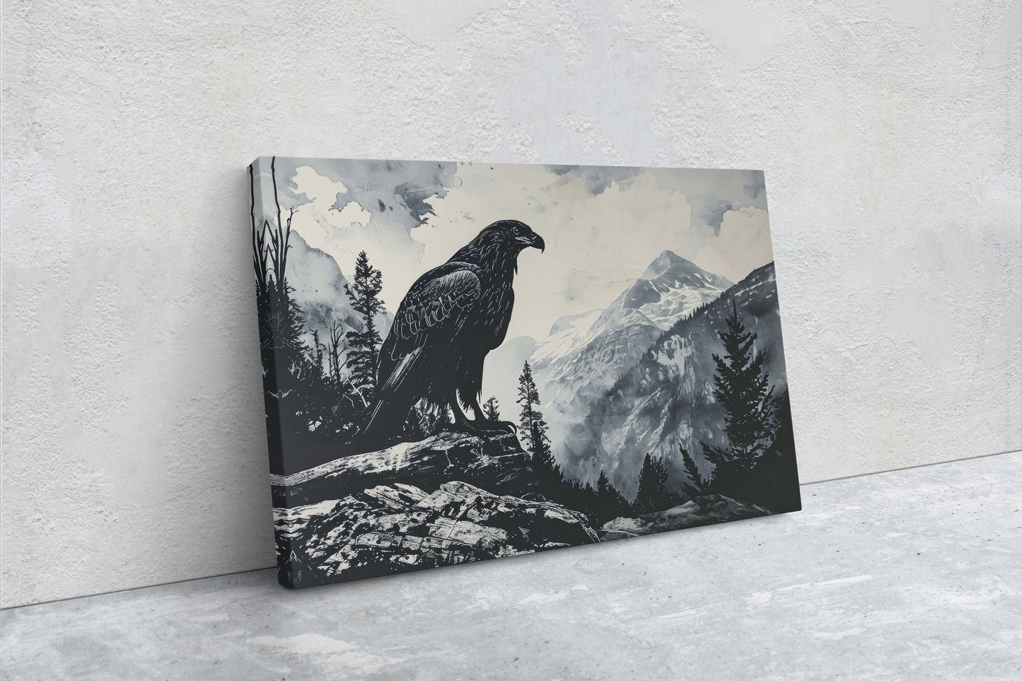 Black and White Eagle, Hawk Painting, Cabin Decor, Mountain Home Art, Framed Canvas, Eagle Painting, Mountain Range, Nature Art