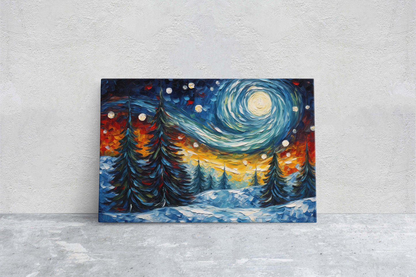 Winter Starry Night, Pine Trees Snow, Colorful Snow, Van Gogh, Framed Canvas, Night Sky, Star Sky