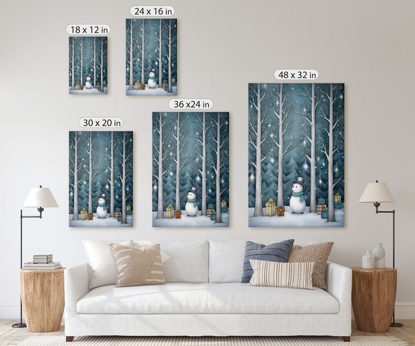 Snowman Presents Forest, Illustration Style, Snowy Forest, Snow Presents, Framed Canvas, Christmas Decor, Large Print, Winter Decor