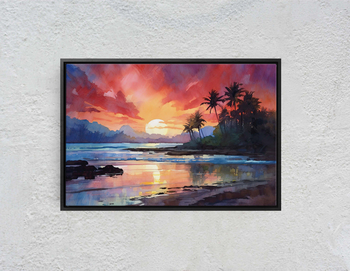 Dusk Beach on Canvas, Sunset Ocean, Sunrise Oceanside, Watercolor, Framed Canvas, Palm Trees, Subdued Art, Tropical Paradise