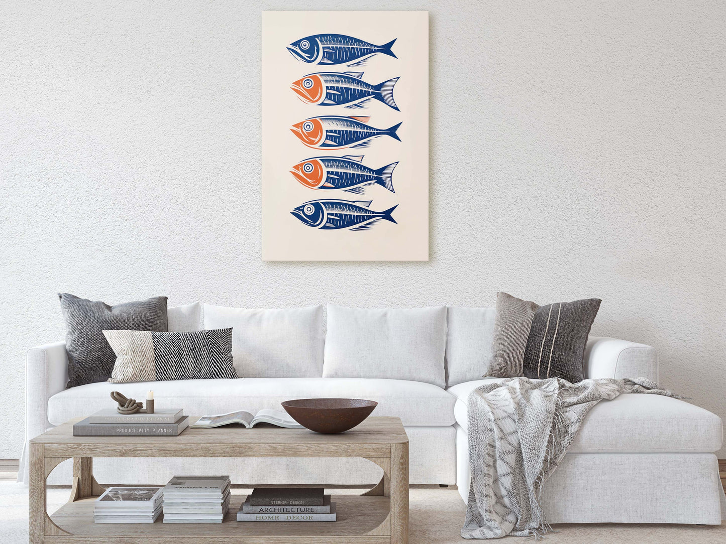 Sardines on Canvas, Modern Scandinavian, Danish Style, Fish Wall Art, Abstract, Framed Canvas, Kitchen Decor, Dining Room, Pop Art