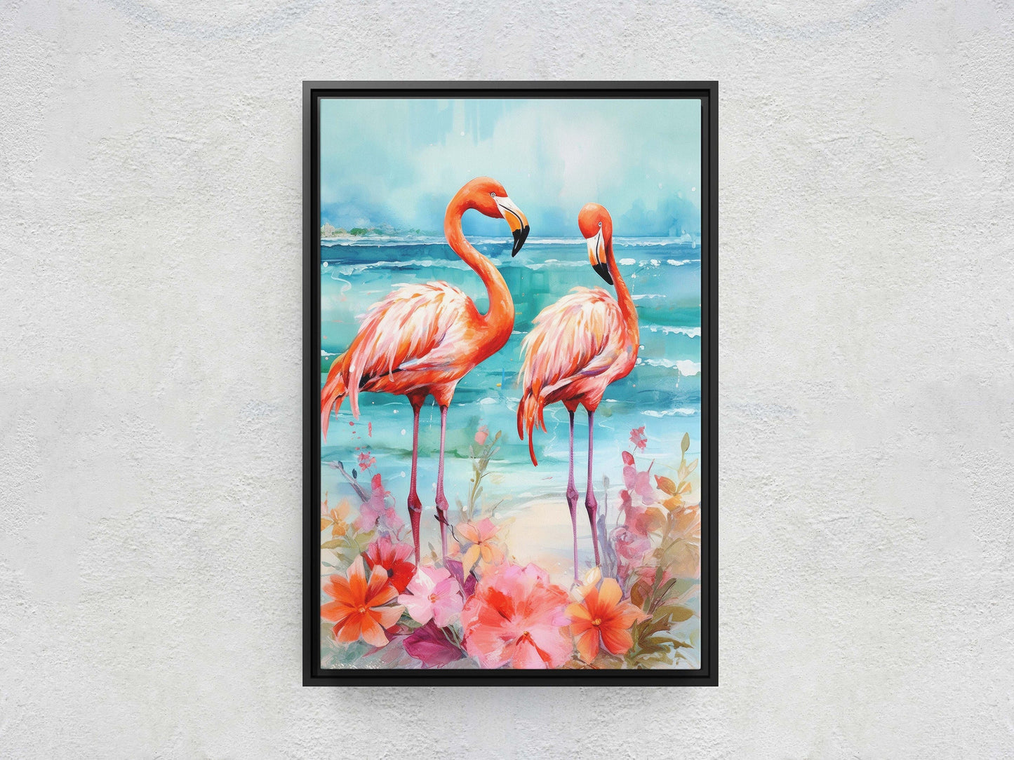 Flamingo Flowers on Canvas, Floral Bird, Beach Art, Framed Canvas, Tropical Art, Blue Water, Animal Print, Bird Lover, Vertical Portrait