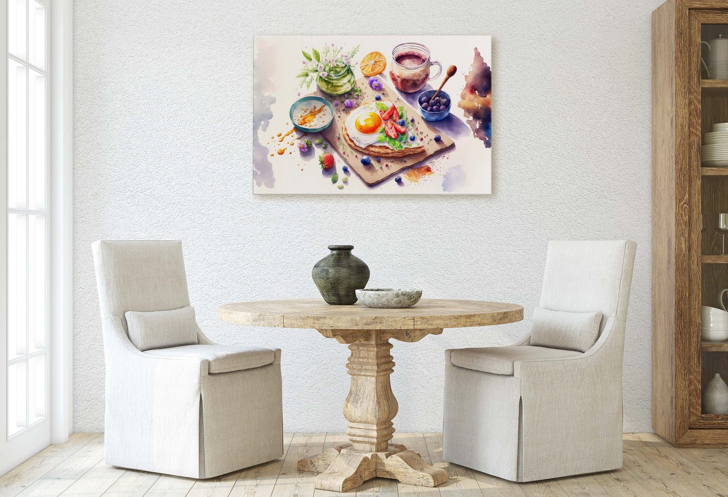 Watercolor Breakfast Canvas Art Ready To Hang Large Print, Oil Painting, Colorful, Eggs, Water Color, kitchen
