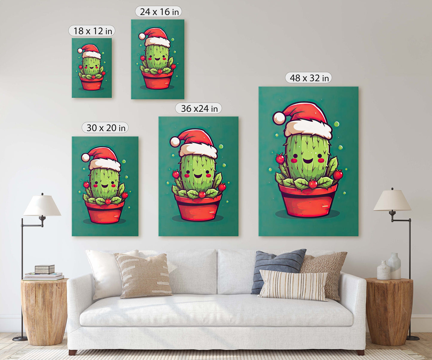 Christmas Cactus, Cute Cactus, Cute Christmas Decor, Illustration, Southwester, Chibi Style, Cartoon Cactus