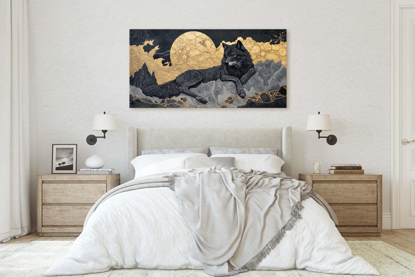 Lone Wolf Contemporary, Black and Gold Wolf, Wolf Moon