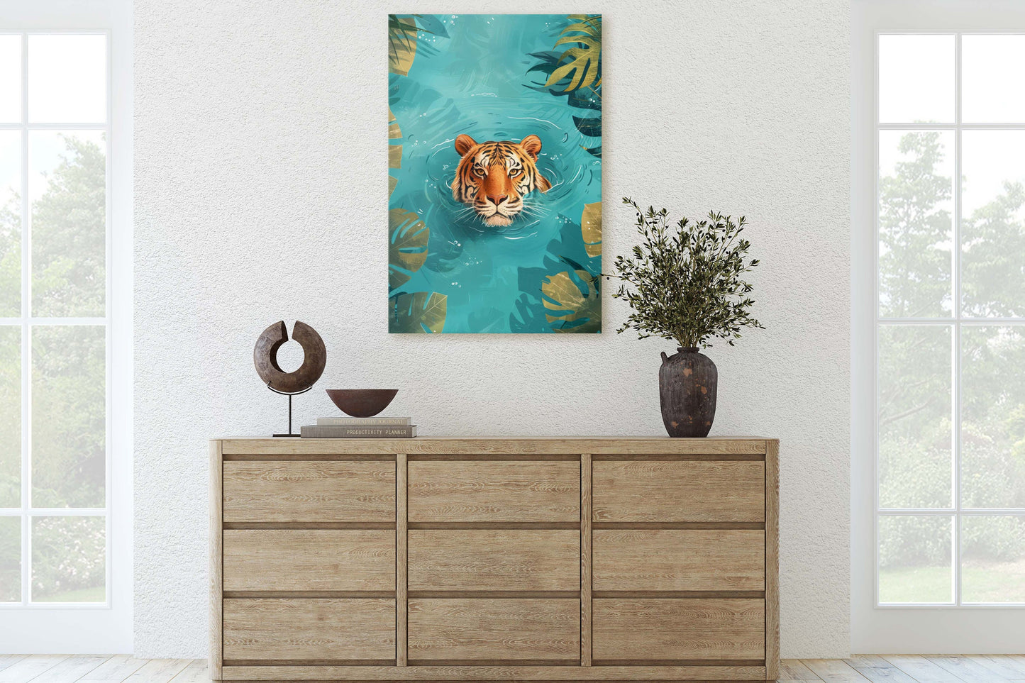 Tiger in Water, Big Cat Art, Framed Canvas, Large Art Print, Tropical Decor, Rainforest Print, Jungle Art