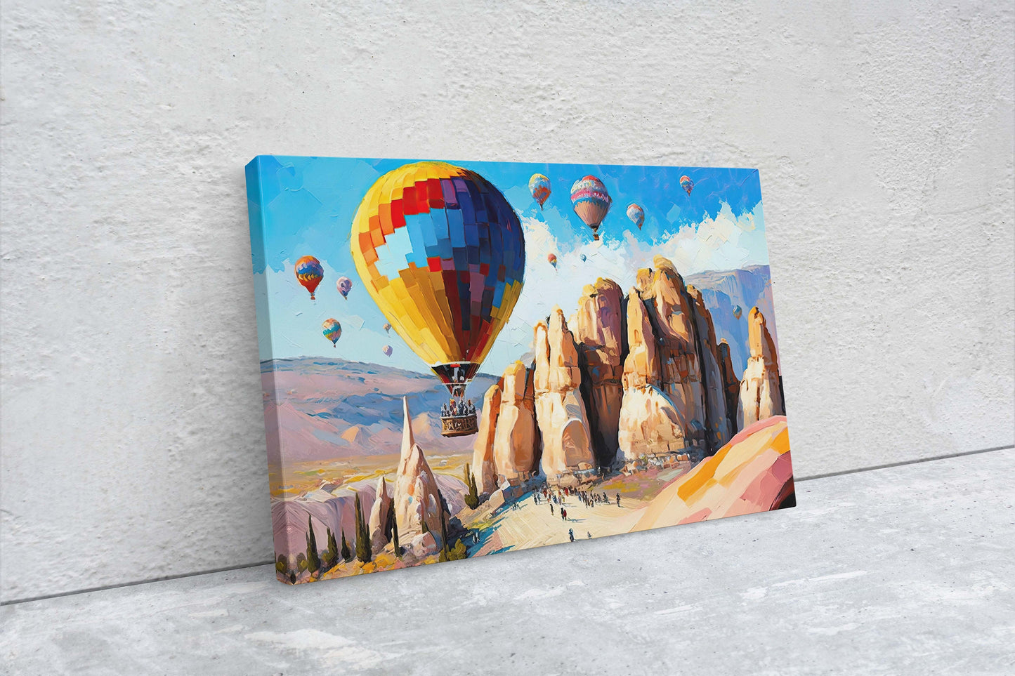 Cappadocia Turkey, Hot Air Balloons,Canvas Art Large Print,Painting, Landscape, Rock Spire, Cliff Art, Bright, Vivid, Colorful