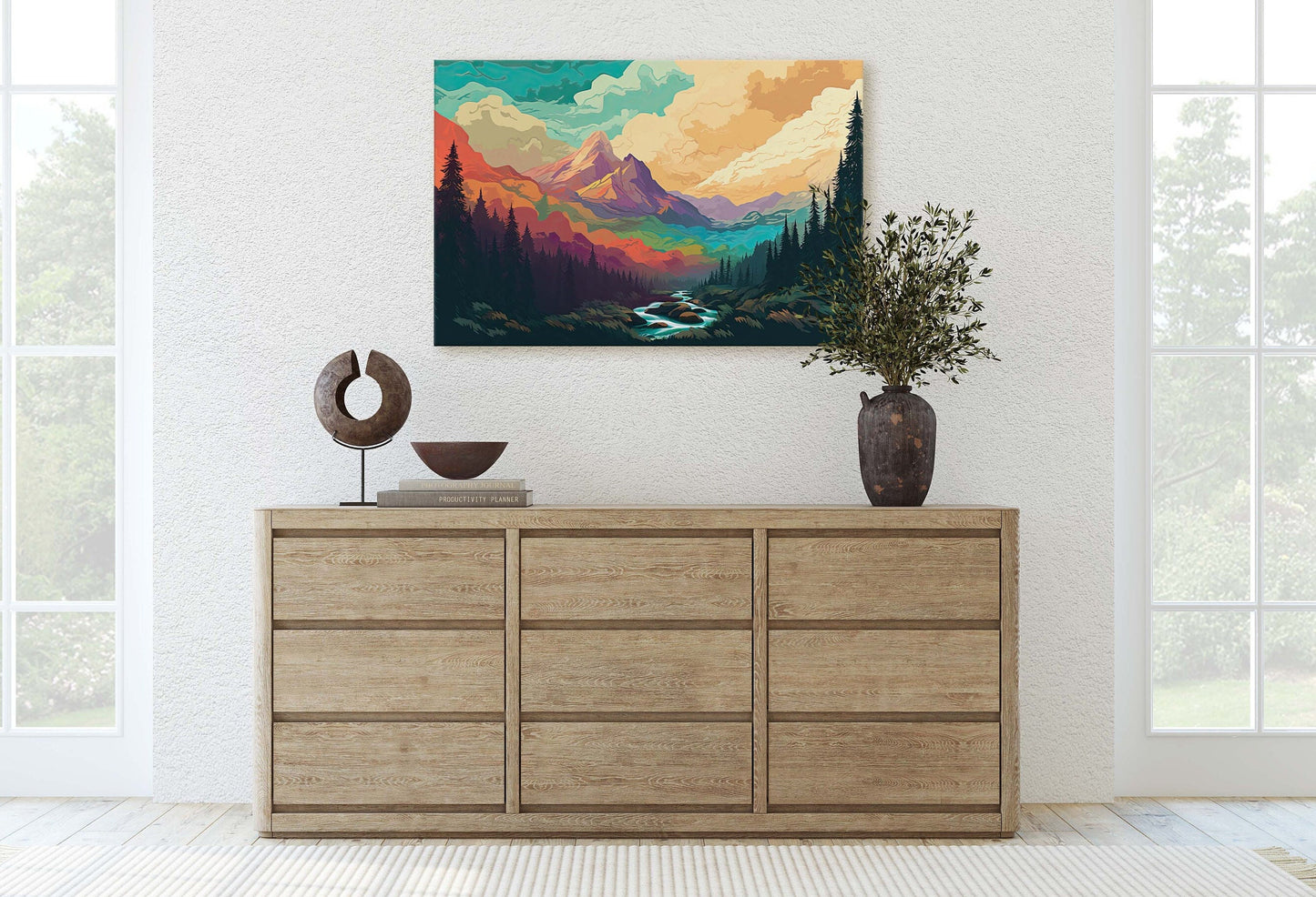 Cloud Mountains on Canvas, Flat Illustration, Sunset Colors, Sunrise Scene, Mountain Range, National Park, Abstract Art, Drawing, Framed