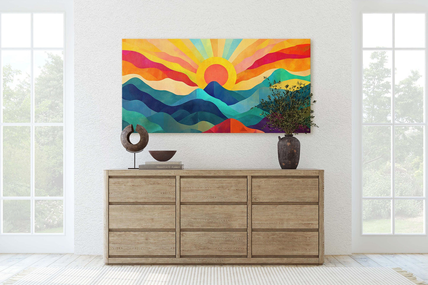 Sunshine Mountain, Canvas Print, Sunset Decor, Flat Art, Vibrant Color, Bold Art, Abstract, Mid Century Modern, Scandinavian Print