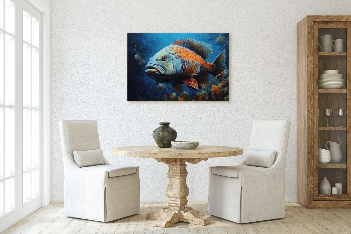 Fish Painting, Canvas Wall Art, Abstract Blue Sea Painting, Boho Wall Décor, Custom Painting, Home Decor,Large Original,Framed Canvas