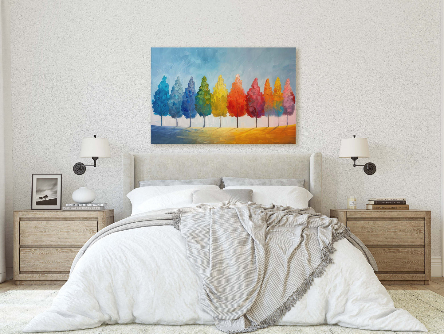 Seasons Painting, Pastel Trees, Rainbow Tree, Spring Summer, Fall Winter, Blue Tones, Colorful Vivid, Framed Canvas, Large Art Print