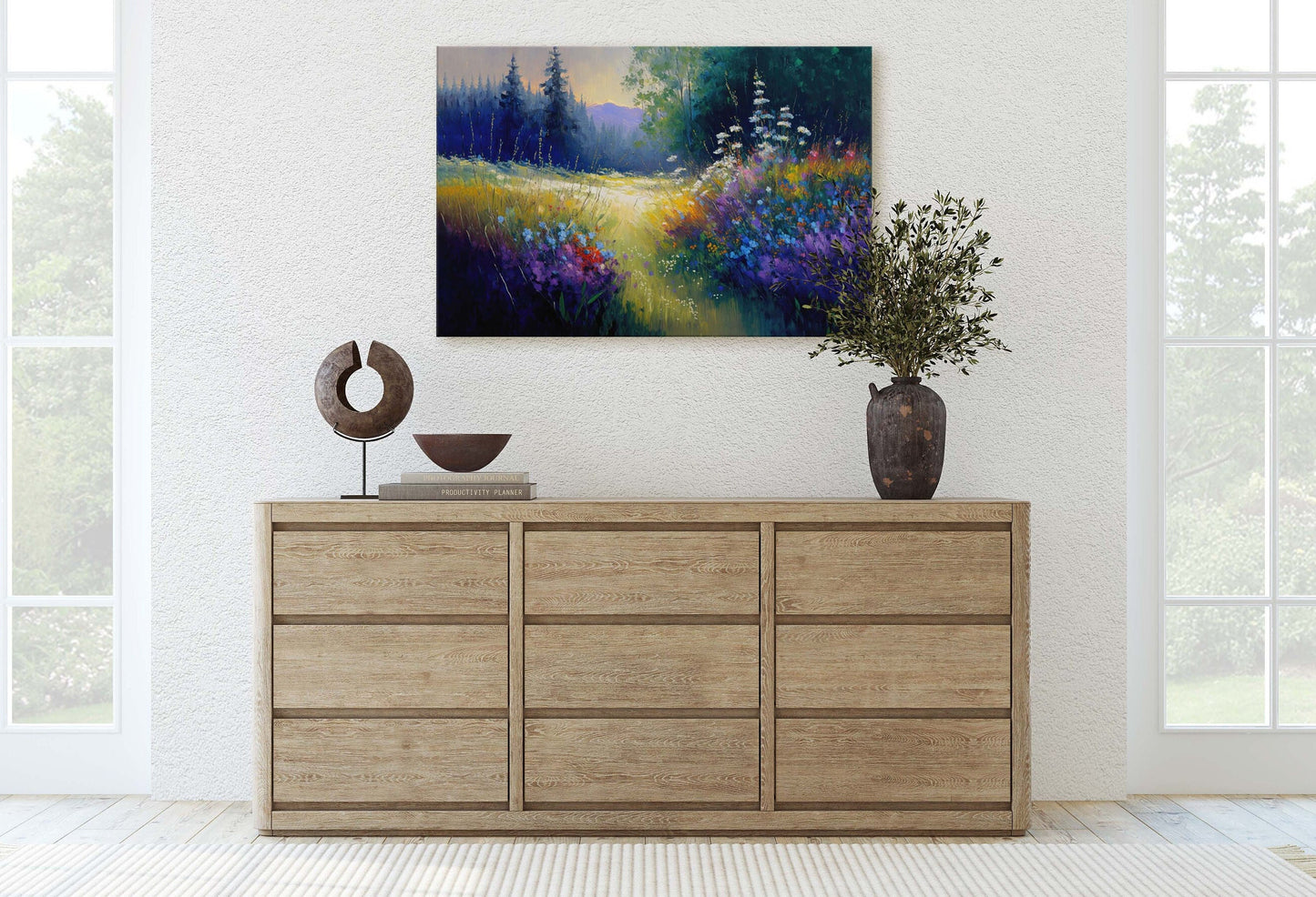 Flower Meadow Canvas Art Ready To Hang Large Print, Oil Painting, Landscape