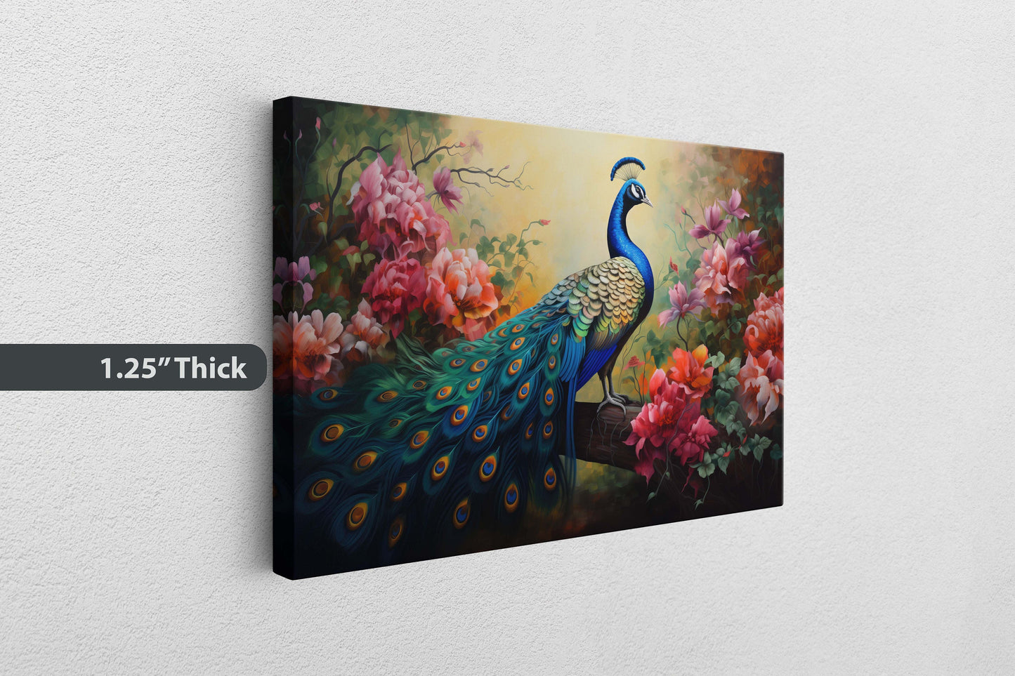 Peacock Painting, Pink Flowers, Colorful Art, Bird Decor, Framed Canvas, Large Print