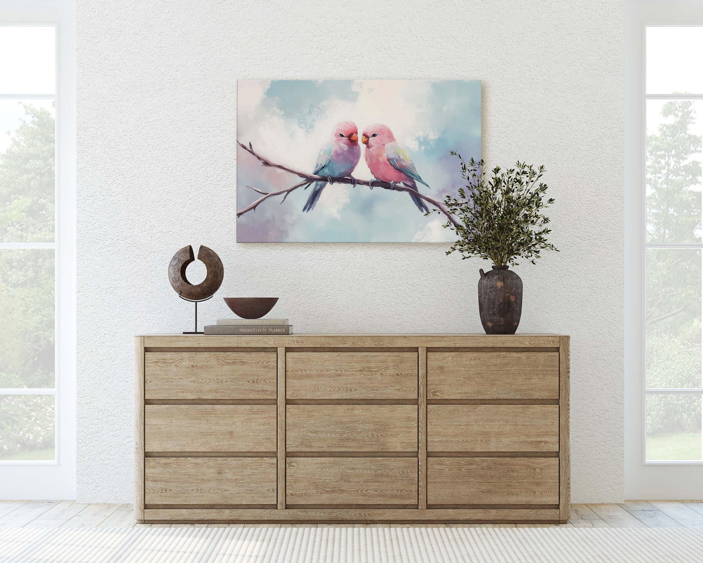 Love Birds, Love At First Sight, Bird Art Print, Pastel Colors, Blue Pink Purple