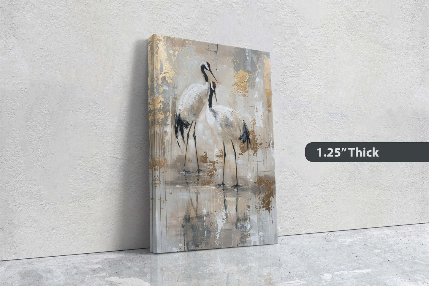 Gold Japanese Cranes, Gold and Beige, Minimalist Art, Heron Decor, Framed Canvas, Japandi Print, Extra Large, Neutral Tones