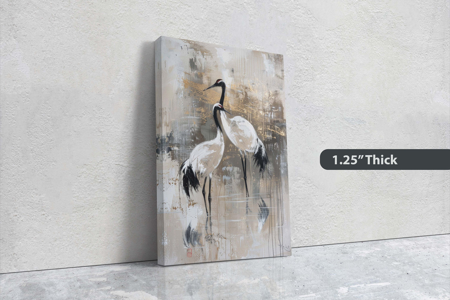 Japanese Gold Cranes, Gold and Beige, Minimalist Art, Heron Decor, Framed Canvas, Japandi Print, Extra Large, Neutral Tones