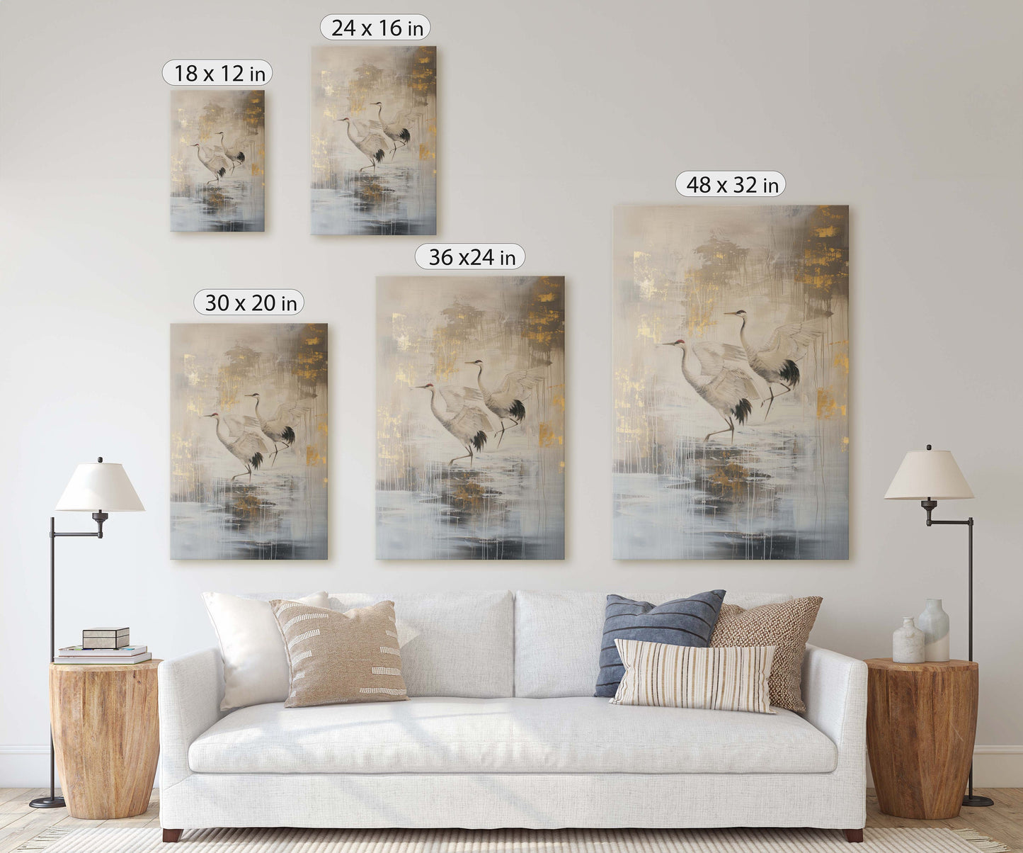 Gold Japanese Cranes, Gold and Beige, Minimalist Art, Heron Decor, Framed Canvas, Japandi Print, Extra Large, Neutral Tones
