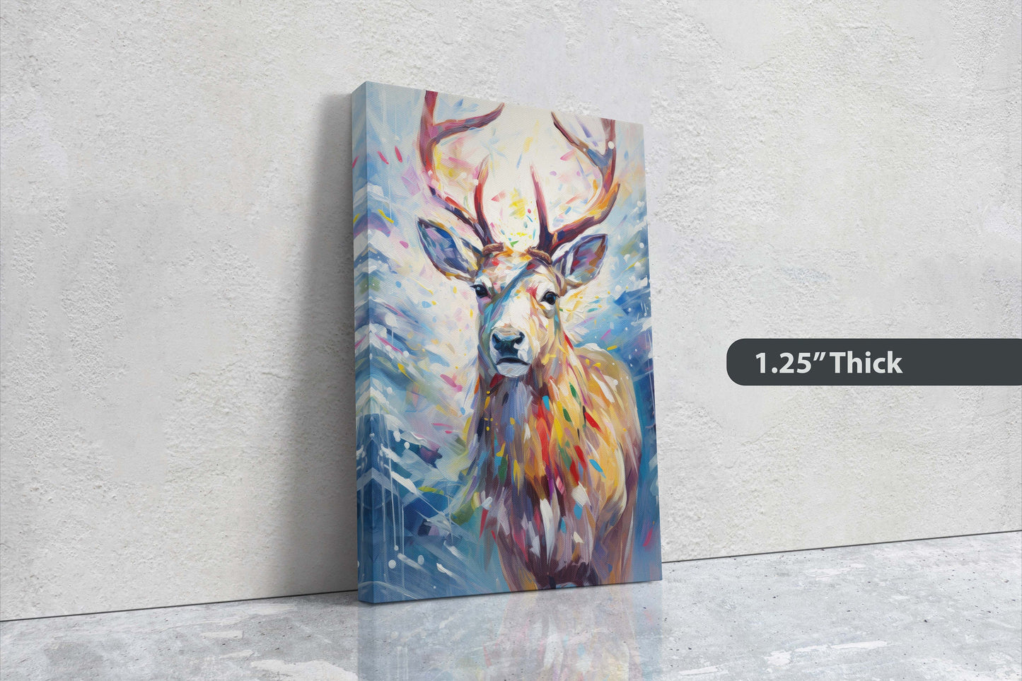 Reindeer Painting, Colorful Reindeer, Christmas Decor, Winter Art, Framed Canvas, Xmas Art, Festive Painting, Christmas Print