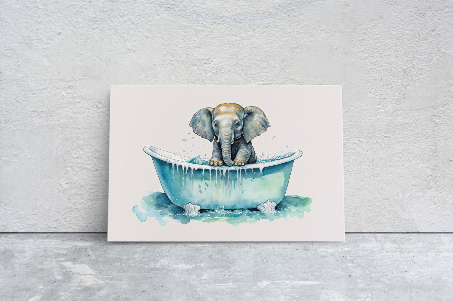 Elephant Bath, Elephant in Bathtub, Bathroom Decor, Kids Bath, Powder room, Fun Art, Cute Baby Elephant, Bath time Art, Silly Decor