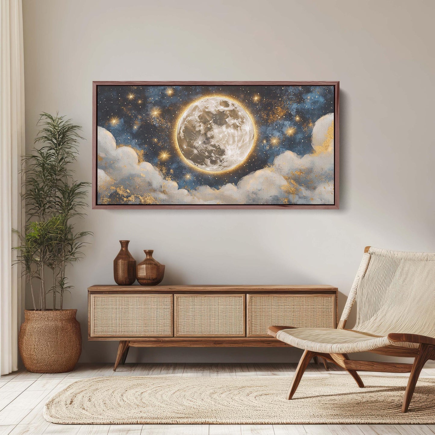 Full Moon Vintage ,Cloudy Moon Sky, Moon Painting, Moon and Stars