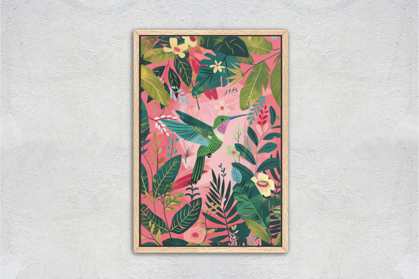 Hummingbird Pink, Framed Canvas, Tropical Art, Maximalist Jungle, Botanical Print, Bold Eclectic, Pink Art
