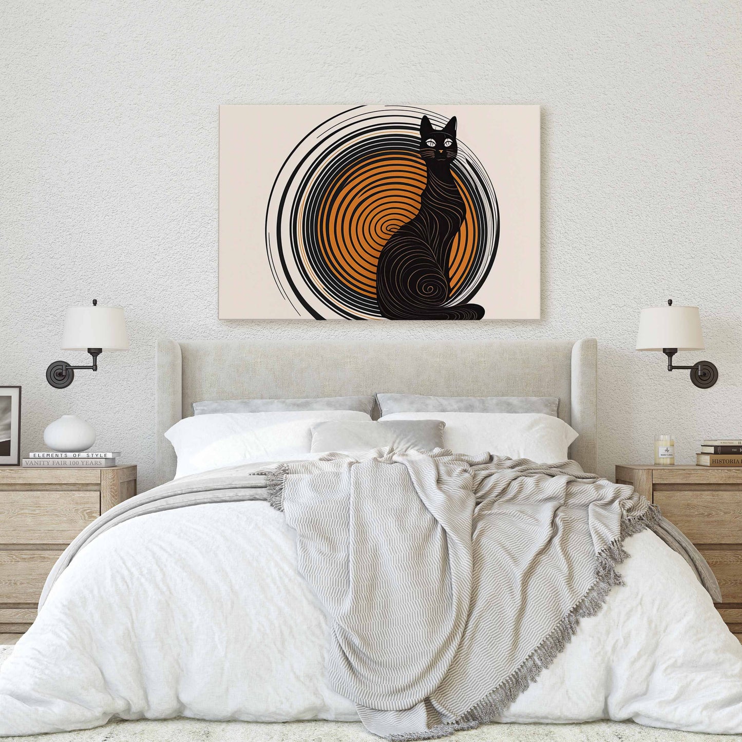 Boho Cat, Minimalist, Midcentury Canvas Art Ready To Hang Large Print, Painting, Landscape