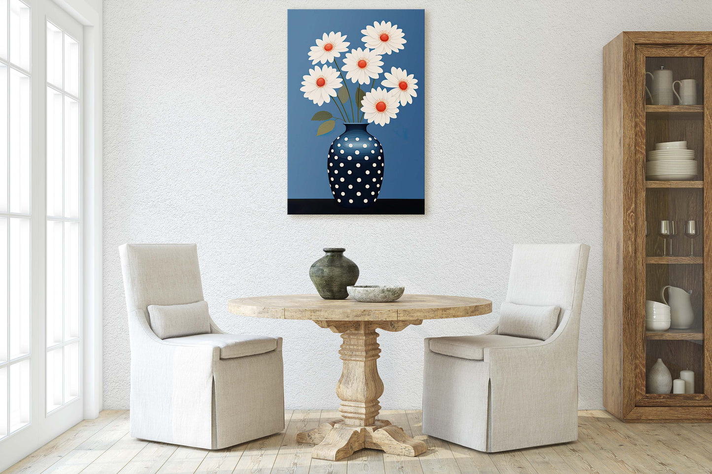Flower Vase Painting, Contemporary Blue, White Floral Art, Framed Canvas, Large Art Print, Vertical Portrait, Indigo and White, Modern