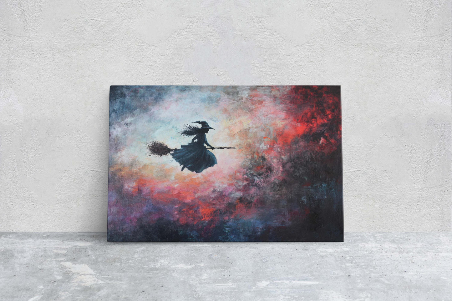 Flying Witch, Witch on Broomstick, Whimsical Decor, Full Moon, Halloween Art, Cloudy, Fall Art, Colorful