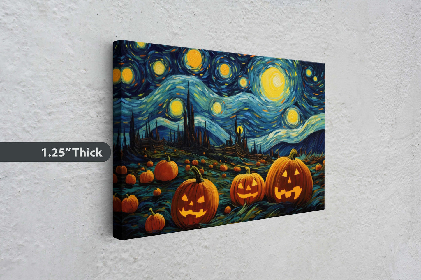 Pumpkin Starry Night on Canvas, Halloween Van Gogh, Jack-O-Lantern, Pumpkin Patch, Framed Canvas, Fun Halloween