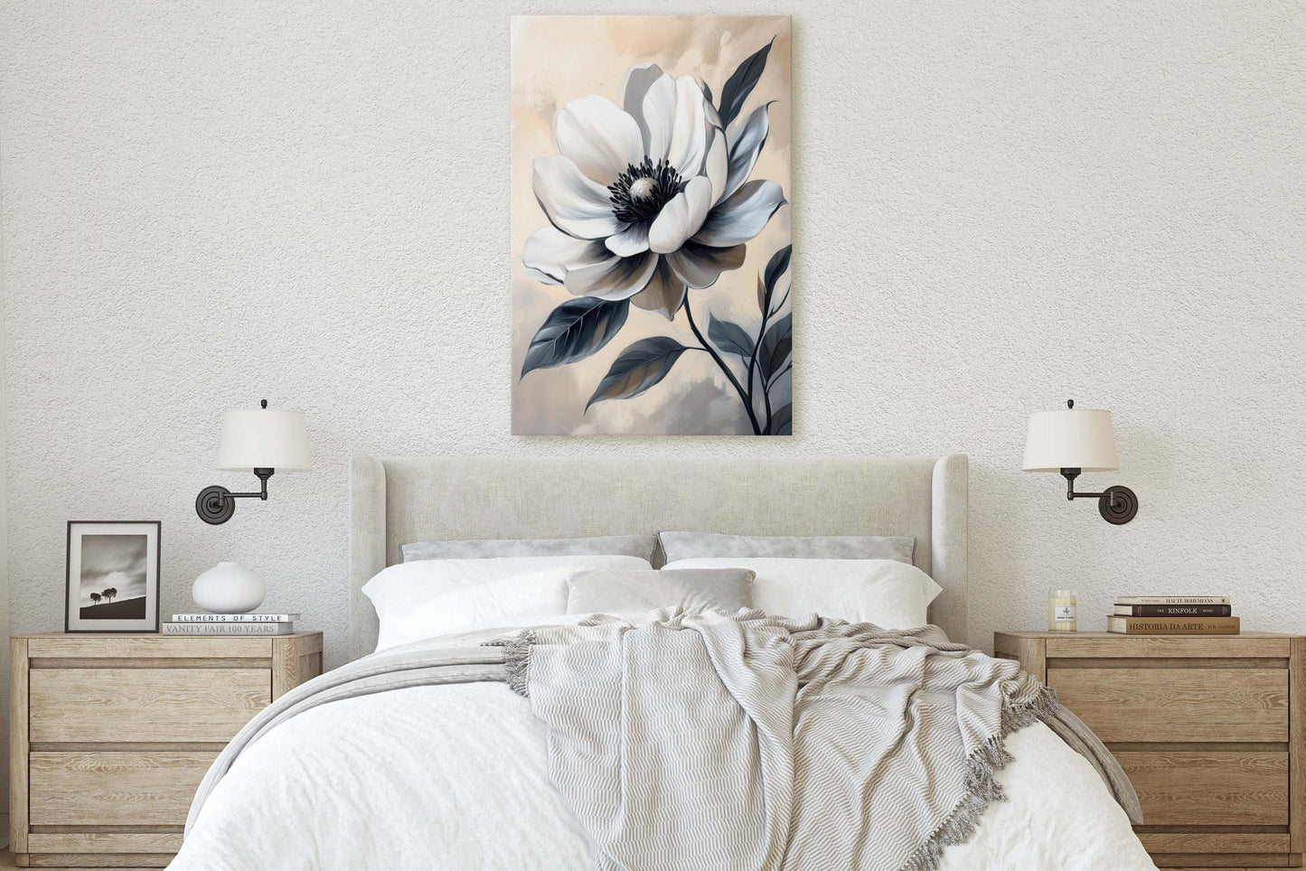Black And White Flower, Flower Painting, Neutral Tones, Beige Black White