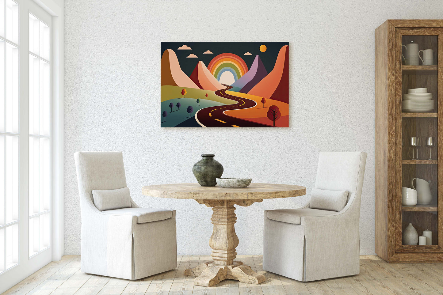 Rainbow Road, Colorful mountain, Minimalist, Canvas Art Large Print, Oil Painting, Landscape, Cartoon, Bold Illustration, Joyful