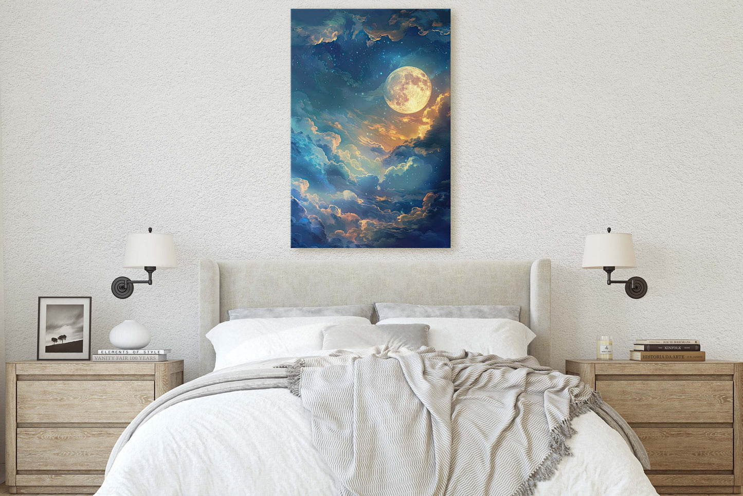 Cloudy Moon Sky, Moonlit Night, Golden Night, Full Moon Painting, Celestial Art, Nature, Retro Style