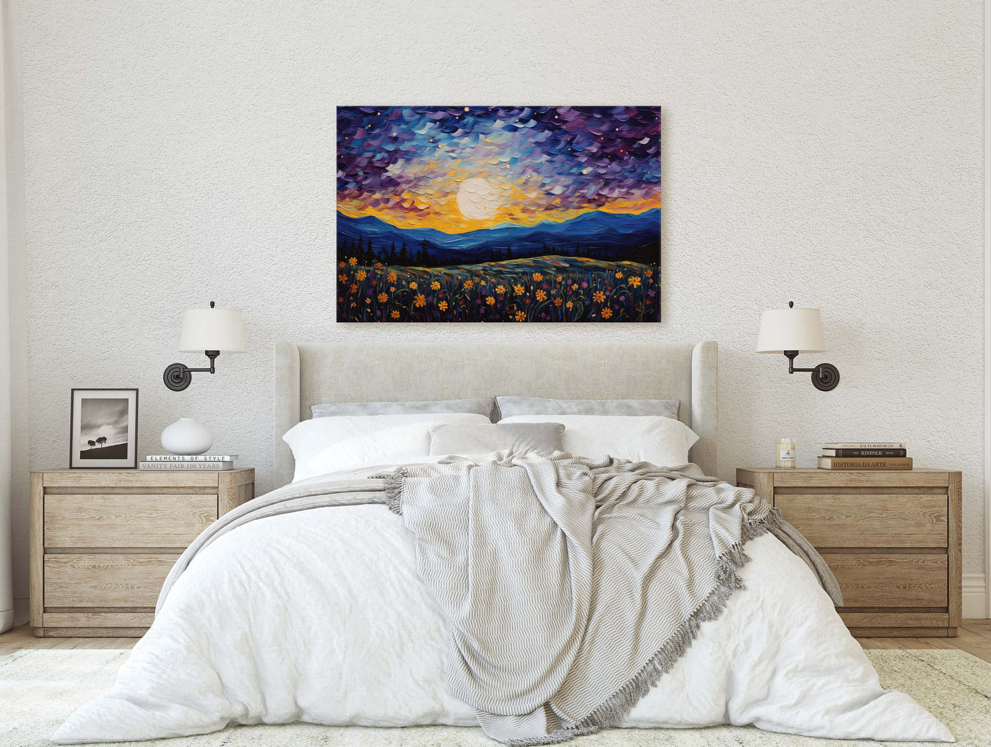 Flowers and Stars, Flower Field Painting, Blues Purples and orange, Moonlit Night, Sunset, Sunrise, Landscape Painting