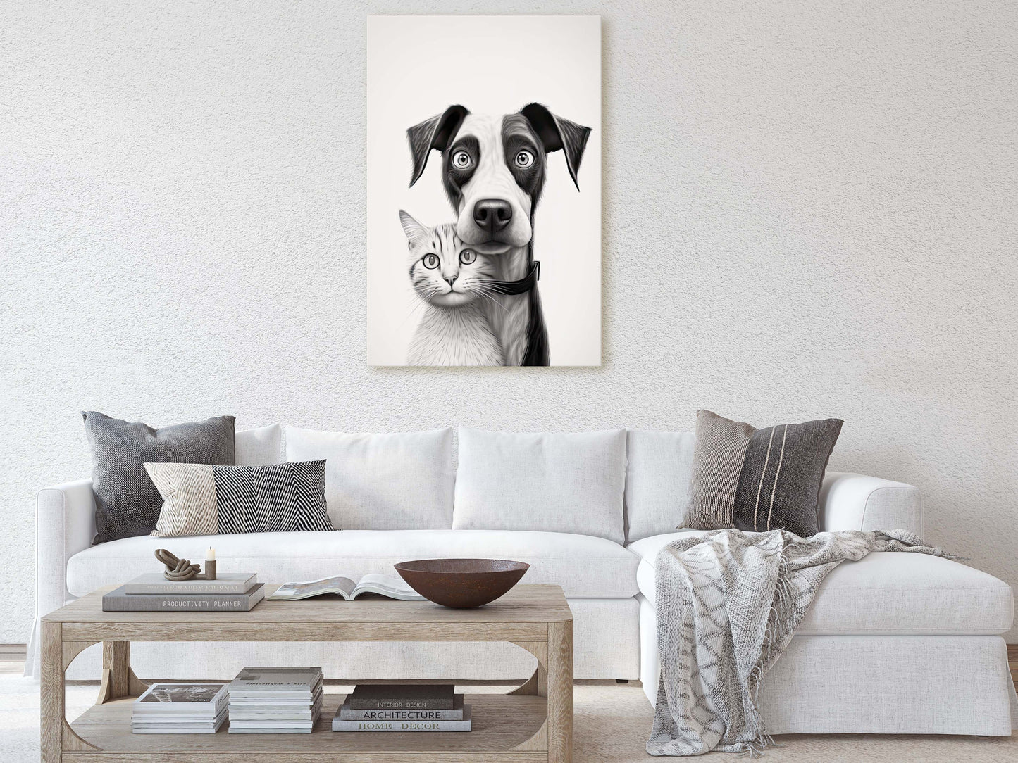 Black White Cat Dog, Loving Pets, Cute Animals, Minimalism, Animal Art, Kitten Decor, Puppy Art, Framed Canvas, Quirky Animal