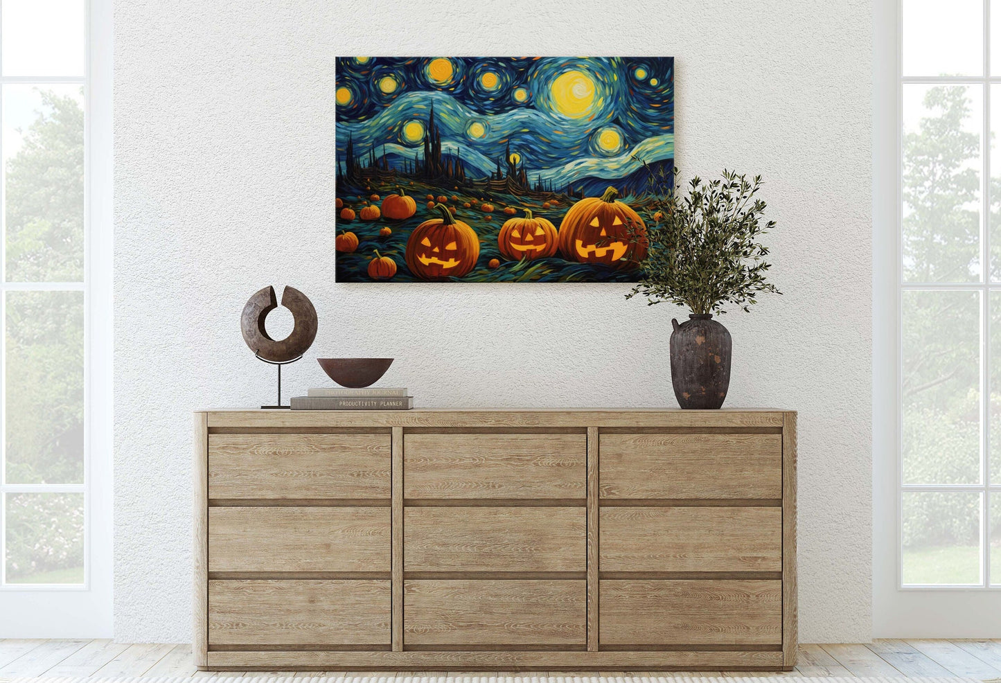 Pumpkin Starry Night on Canvas, Halloween Van Gogh, Jack-O-Lantern, Pumpkin Patch, Framed Canvas, Fun Halloween