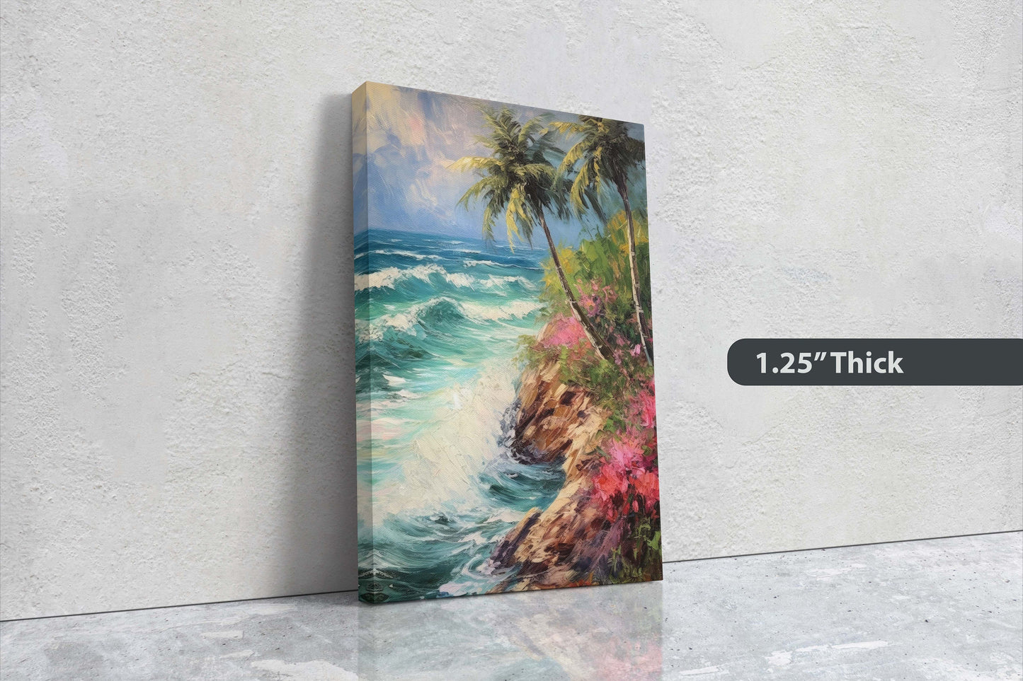 Stormy Beach on Canvas, Cliffside Waves, Flower Beach, Palm Trees, Tropical Vacation, Framed Canvas, Nature Decor, Portrait Canvas