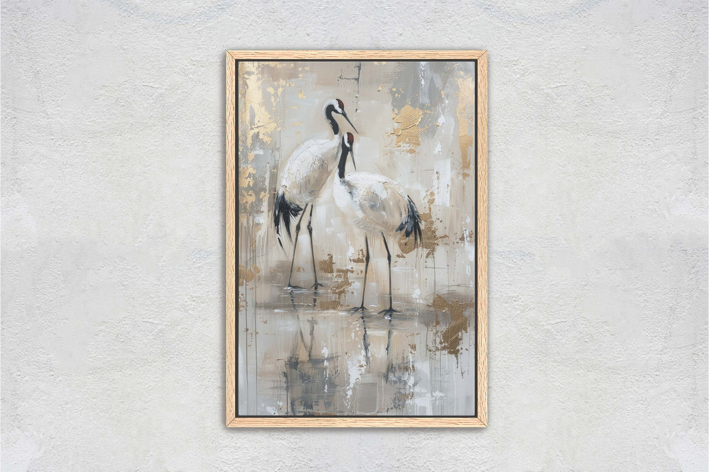 Gold Japanese Cranes, Gold and Beige, Minimalist Art, Heron Decor, Framed Canvas, Japandi Print, Extra Large, Neutral Tones