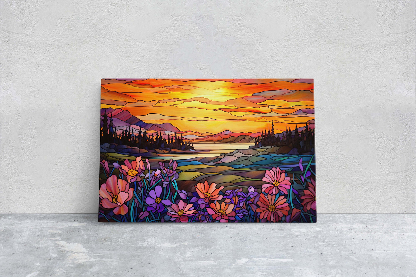 Stained Glass Painting, Faux Stained Glass, Sunset Flowers, Sunrise Field, Mountain Landscape, Framed Canvas, Vivid Colorful